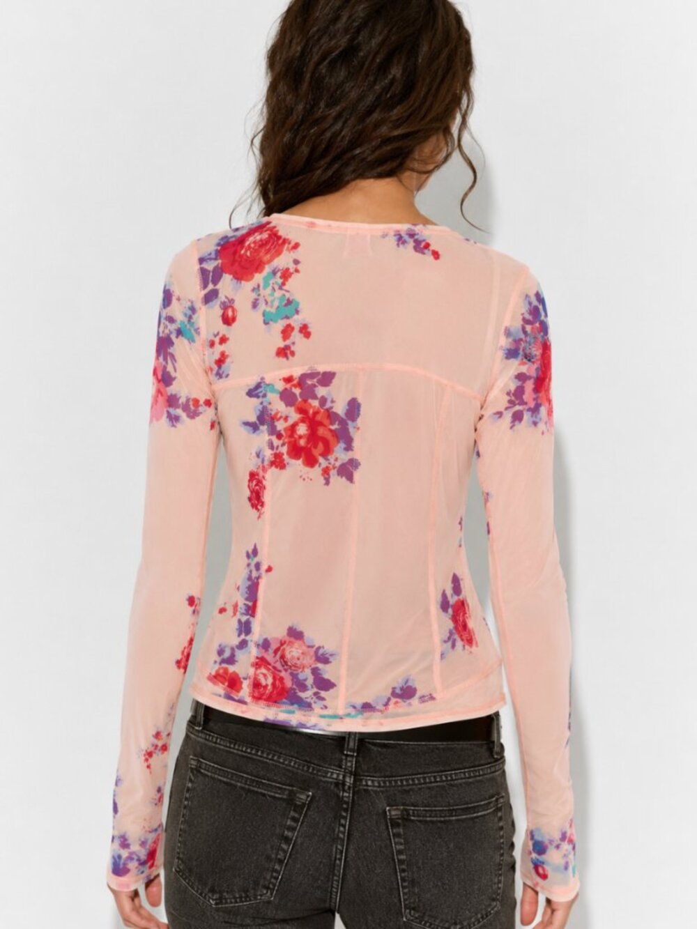 FREE PEOPLE MESH FLORAL LONG SLEEVE TOP - Picture 2 of 4